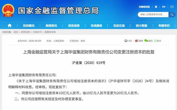 华谊财务公司增资获批 注册资本由10亿元增至20亿元